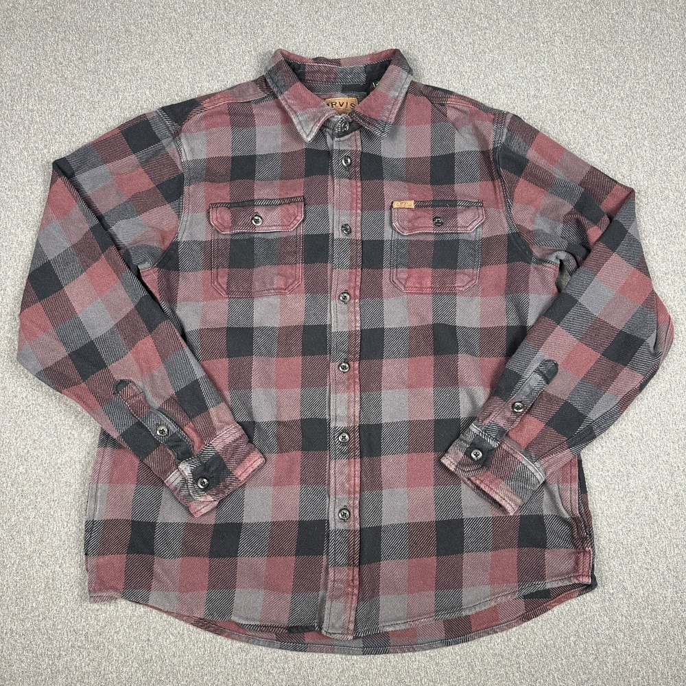 Orvis Classic Collection Flannel Shirt Mens XL Red Gray Buffalo Plaid Heavy